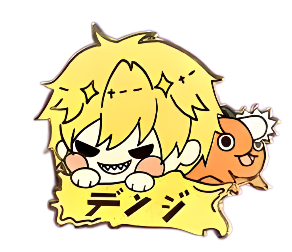 Cartoon character with yellow hair and black eyes, holding a fish, on a white background.