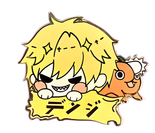 Cartoon character with yellow hair and black eyes, holding a fish, on a white background.